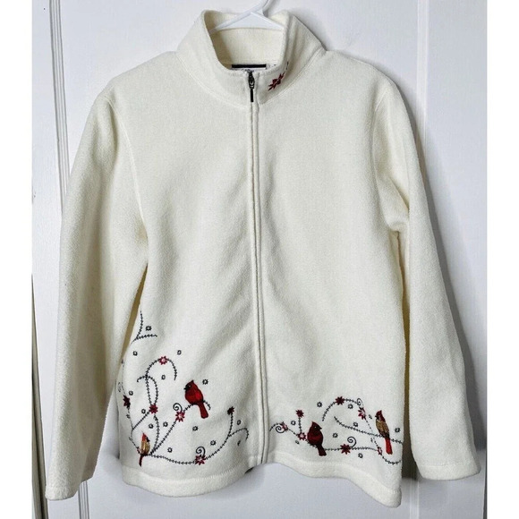 Croft & Barrow Sweaters - Croft & Barrow Pullover Fleece Sweater M Embroidered Cardinal Bird Flowers Ivory